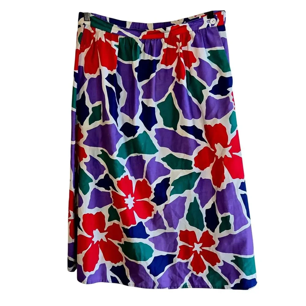 Size 8 – Vintage Floral White Cotton Midi Skirt